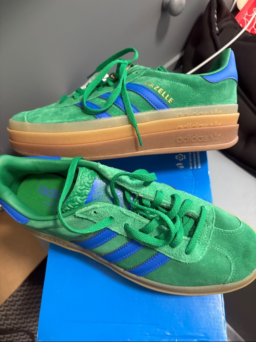 adidas Green Suede Gazelle Bold Platform Sneakers with Blue Stripes NWT - Picture 8 of 10